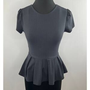 Susana Monaco Stretch Jersey Knit Crew Neck Pleated Peplum Top Blouse Black S